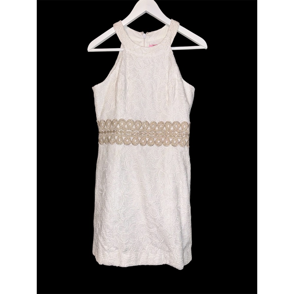 Lilly Pulitzer Ashlyn Shift Dress White Lace Gold Soutache‎ Waist Size 0